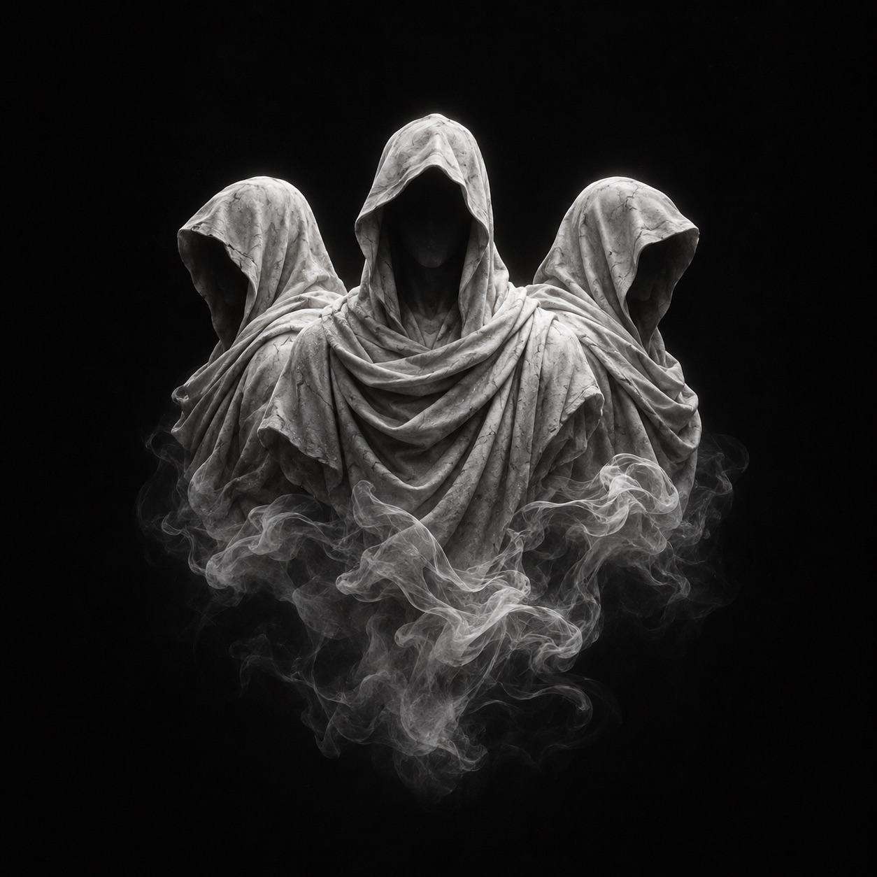 Three anonymous stone figures emerging from smoke
