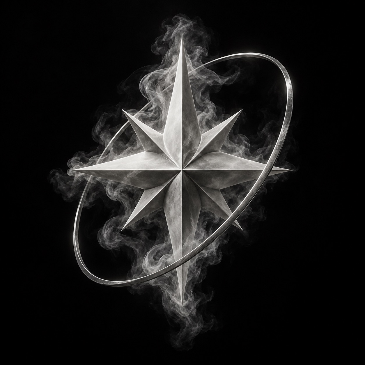 A silver compass star finding direction through smoke