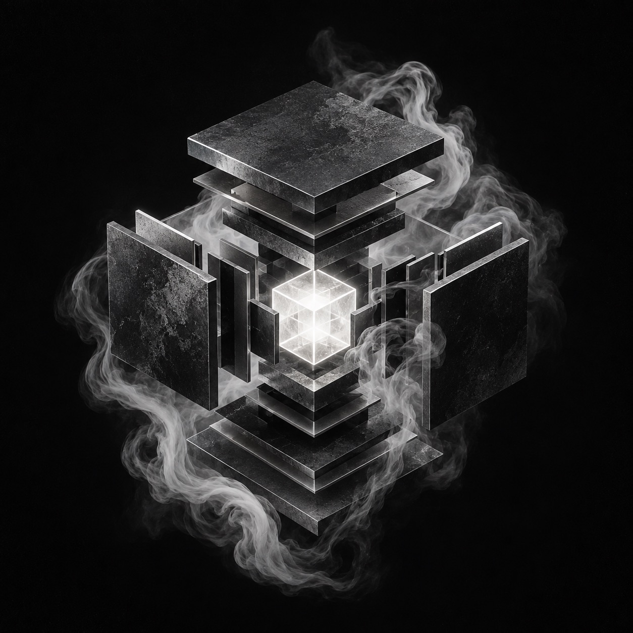 A floating machine opening to reveal its luminous core